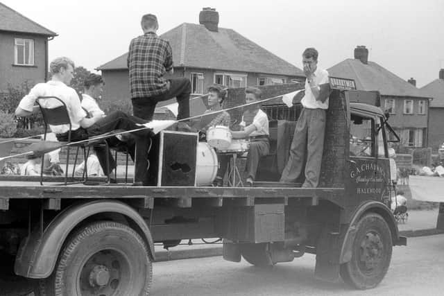 The Quarry Men on the back of a lorry as part of the pre-St.Peter’s Church Fete celebrations on Saturday, 6 July 1957. (James L. Davis)