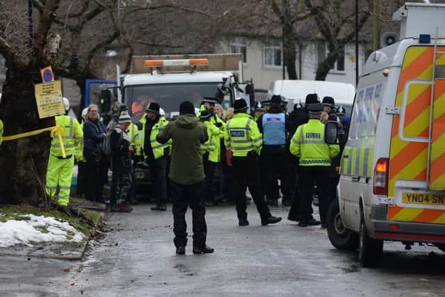 Tree protestors and police on Abbeydale Park Rise as Amey attempted to cut down more trees in 2018.