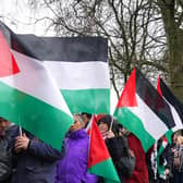 People take part in a pro-Palestine rally outside the Houses of Parliament. PIC: Lucy North/PA Wire