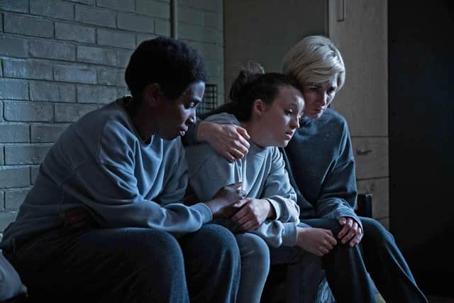 Abi (TAMARA LAWRANCE), Kelsey (BELLA RAMSEY), Orla (JODIE WHITTAKER) in BBC prison series Time. Photo: BBC/Sally Mais.