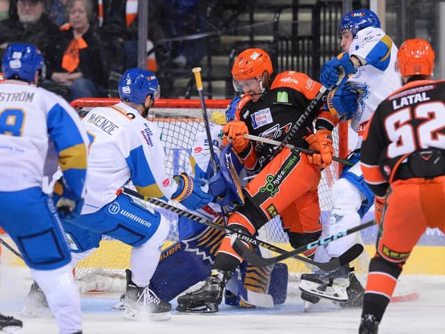 TOUGH NIGHT: Marc-Olivier Vallerand battles in front of the Fife Flyers net during Wednesday night's Challenge Cup semi-final clash at the Utilita Arena. Picture courtesy of Dean Woolley/Steelers Media/EIHL