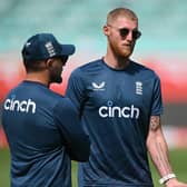 England captain Ben Stokes chats with head coach Brendon McCullum, left, and Ollie Pope, right, after a look at the pitch ahead of the second Test against India. Photo by Stu Forster/Getty Images.