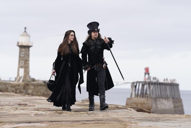 People attend the Whitby Goth Weekend in Whitby, Yorkshire, as hundreds of goths descend on the seaside town where Bram Stoker found inspiration for 'Dracula' after staying in the town in 1890.