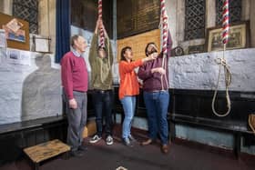 Ringing tutor Maurice Calvert, left teaching bell ringing to brothers Michael and Owen Lokuciejewski-Taylor, with the help from Louise Connacher, 2nd from right,  to Ring for the King for his coronation at St Wilfrid's Church in Calverley, Leeds, photographed by Tony Johnson