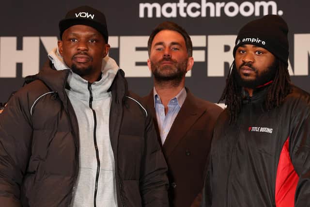 LONDON, ENGLAND - NOVEMBER 24: Dillian Whyte, promoter Eddie Hearn and Jermaine Franklin pose for a photograph during a Dillian Whyte v Jermaine Franklin Press Conference at Royal Institute of British Architects on November 24, 2022 in London, England. (Photo by Andrew Redington/Getty Images)