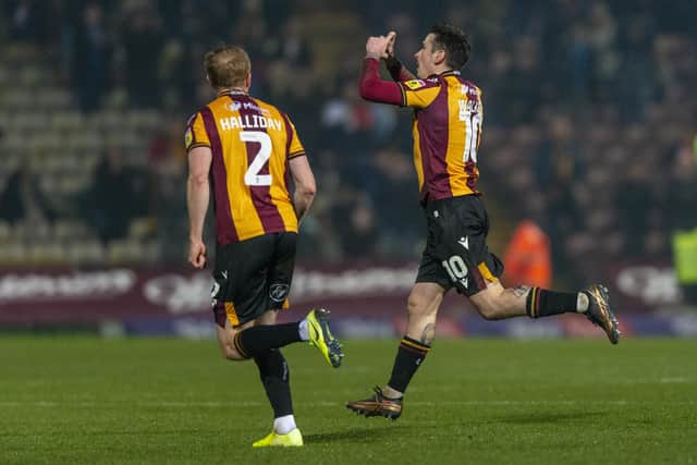 Jamie Walker celebrates scoring Bradford's opening goal. Picture: Bruce Rollinson
