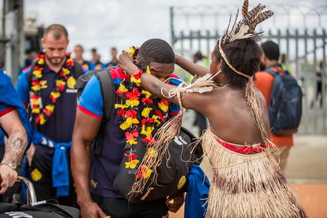 Jermaine McGillvary is greeted on his arrival in Papua New Guinea with Great Britain. (Picture by SpidertekPNG/SWpix.com)