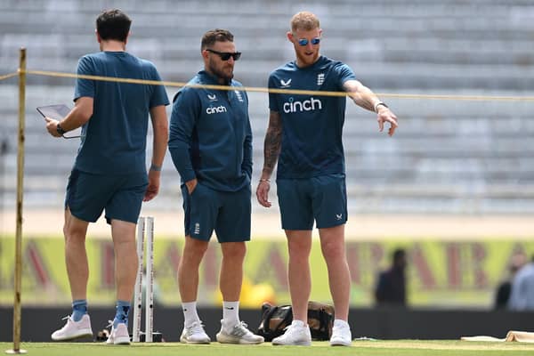 INTERESTING: England captain Ben Stokes and coach Brendon McCullum look at the pitch during a nets session at JSCA International Stadium Complex in Ranchi Picture: Gareth Copley/Getty Images