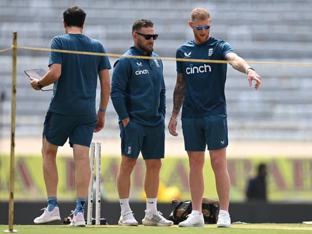 INTERESTING: England captain Ben Stokes and coach Brendon McCullum look at the pitch during a nets session at JSCA International Stadium Complex in Ranchi Picture: Gareth Copley/Getty Images