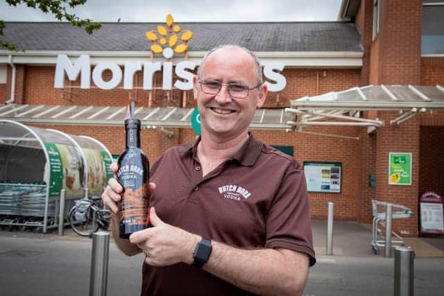 Steve Hickey, sales and marketing director at Ellers Farm Distillery, outside a Morrisons store. Picture: Dutch Barn Orchard Vodka