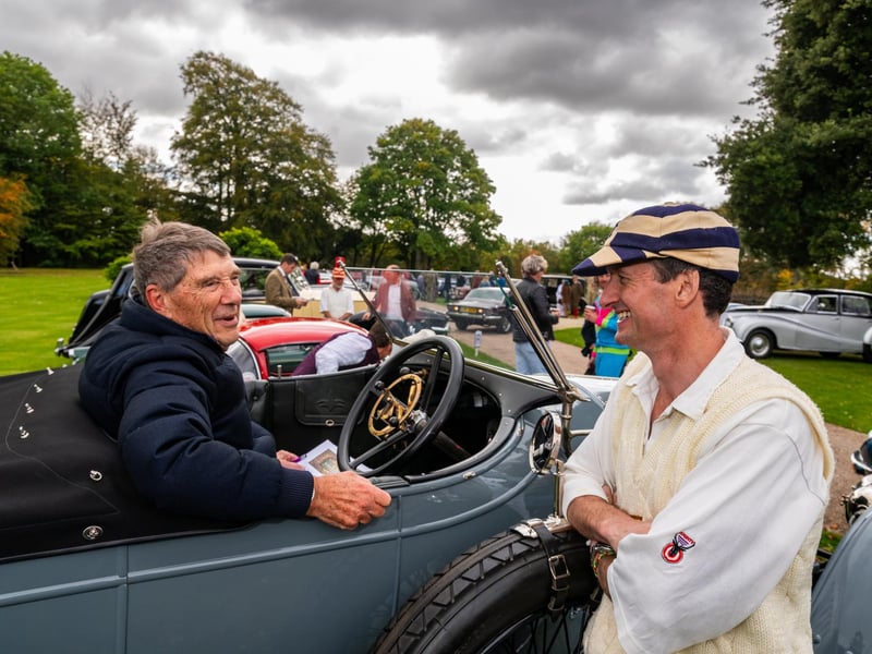 Pictured Terry Bramall, British businessman and philanthropist, in his 1913 Vauxhall Prince Henry chats with one of the others drivers Tom Perrott. Picture: James Hardisty. Date:17th October 2026.