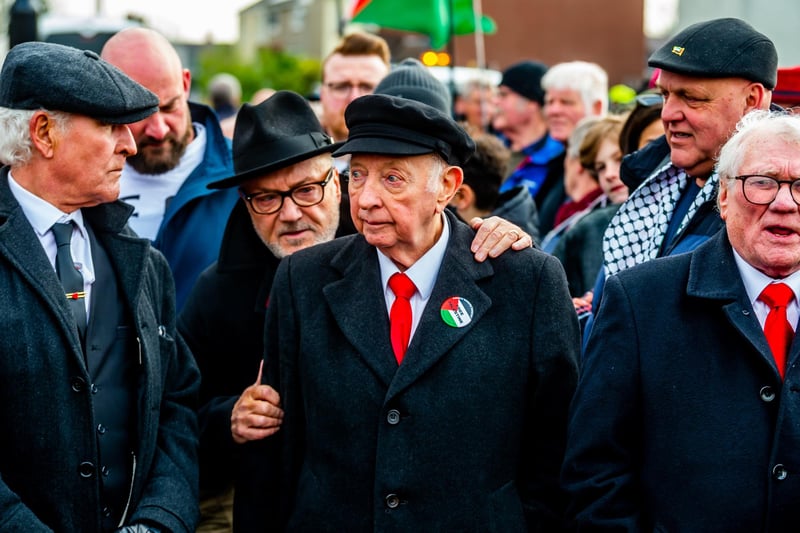 George Galloway, MP for Rochdale grabs hold of the Former miners' leader Arthur Scargill, 86, before he gave a speech at the Hatfield Pit Club. Picture By Yorkshire Post Photographer,  James Hardisty. Date: 9th March 2024.