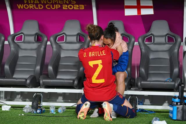 Spare a thought: Lucy Bronze of England is consoled by her club team-mate Ona Batlle of Spain after the FIFA Women's World Cup Australia & New Zealand 2023 Final match between Spain and England (Picture: Justin Setterfield/Getty Images)
