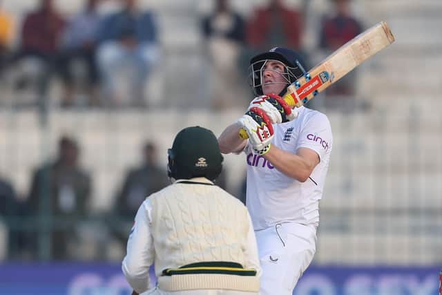Player of the month: Harry Brook of England hits a six during day two of the Second Test Match between Pakistan and England at Multan Cricket Stadium on December 10, 2022. (Picture: Matthew Lewis/Getty Images)