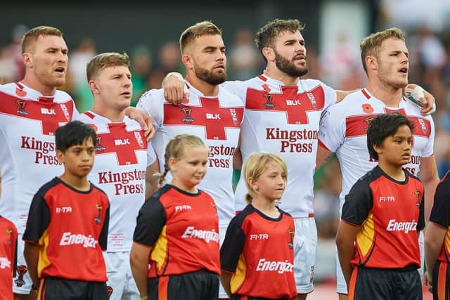 Scott Taylor, far left, sings the national anthem ahead of the 2017 World Cup game against France. (Picture: Daniel Carson/ www.photosport.nz)