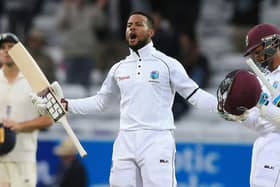 Shai Hope celebrates after his twin hundreds helped West Indies beat England in the 2017 Headingley Test. Hope will make his Yorkshire debut at the venue on Thursday in the season-opener against Leicestershire. Photo Lindsey Parnaby/AFP via Getty Images).