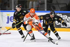 TOUGH NIGHT: Sheffield Steelers' Marc-Olivier Vallerand comes uinder pressure during Saturday's Elite League encounter at Nottingham Panthers. Picture: Dean Woolley/Steelers Media.