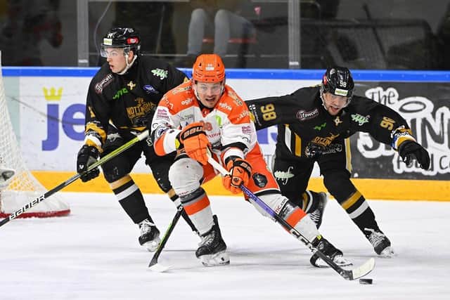 TOUGH NIGHT: Sheffield Steelers' Marc-Olivier Vallerand comes uinder pressure during Saturday's Elite League encounter at Nottingham Panthers. Picture: Dean Woolley/Steelers Media.
