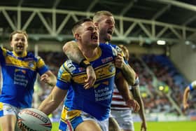 James Bentley celebrates scoring a try during the semi-final win over Wigan Warriors. (Picture: Bruce Rollinson)