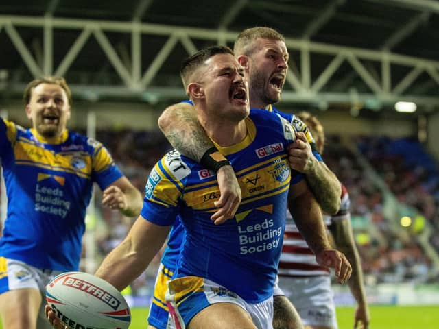 James Bentley celebrates scoring a try during the semi-final win over Wigan Warriors. (Picture: Bruce Rollinson)