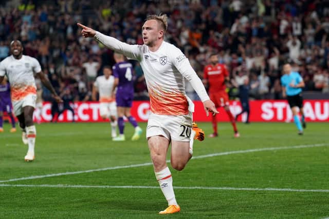 Matchwinner: West Ham United's Jarrod Bowen wheels away in celebration after scoring the decisive goal in the Europa Conference League final. (Picture: PA)