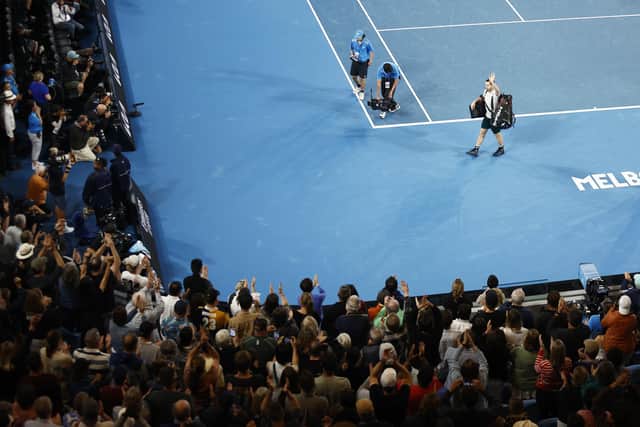 MELBOURNE, AUSTRALIA - JANUARY 21: Andy Murray of Great Britain thanks fans after the third round singles match against Roberto Bautista Agut of Spain during day six of the 2023 Australian Open at Melbourne Park on January 21, 2023 in Melbourne, Australia. (Photo by Daniel Pockett/Getty Images)