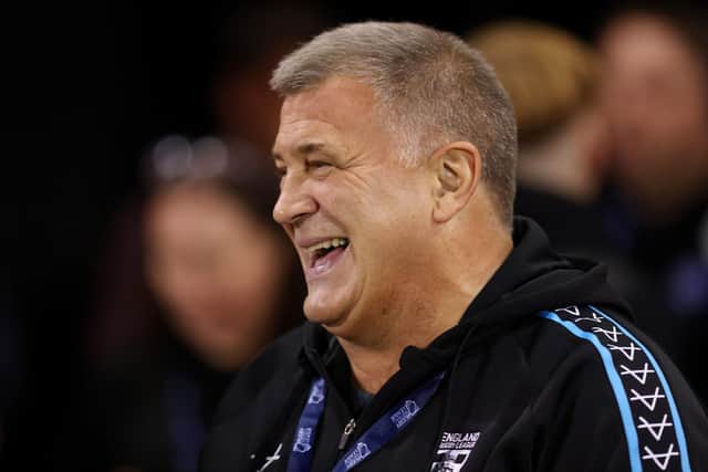 SALFORD, ENGLAND - OCTOBER 07: Shaun Wane, Head Coach of England reacts prior to the International Friendly match between England and Fiji at AJ Bell Stadium on October 07, 2022 in Salford, England. (Photo by George Wood/Getty Images)