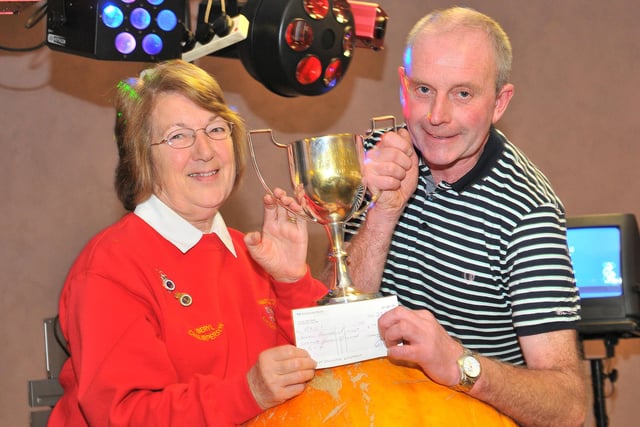 Blackhall Navy Club member and gardner Keith Davison with his winning pumpkin which weighed in at 105.5lbs and Beryl Sherry, chairperson of the enterprise branch of Hartlepool RNLI whom he presented a cheque for £774. Does this bring back memories from 2011/