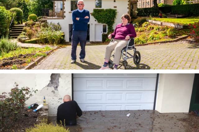 Martin and Kim Butterworth outside of their property, above, and a picture of the 2019 flood damage, below.