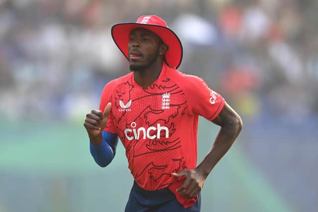 SETBACK: England bowler Jofra Archer, pictured during the 1st T20 International between Bangladesh and England at Zahur Ahmed Chowdhury Stadium in March this year. After a short stint with Mubai Indians in the IPL, he is back home nursing an injury. Picture: Gareth Copley/Getty Images.