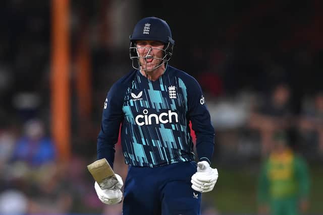 Form is temporary, class is permanent. Jason Roy celebrates ending a barren run of form with his 11th century in one-day internationals. Photo by Alex Davidson/Getty Images.