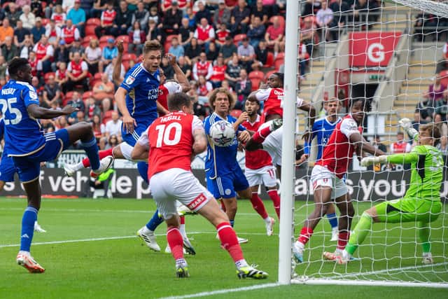 NOT THIS TIME: Rotherham United thought they had scored (above) but the ball was adjudged to have come off Jordan Hugill's arm. Picture: Bruce Rollinson