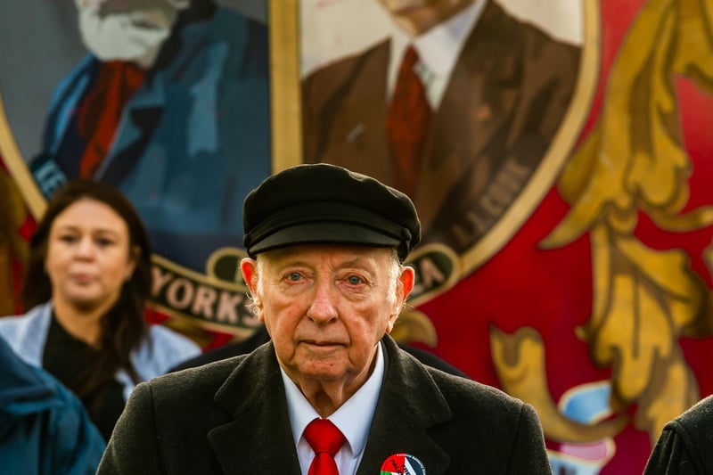Former miners' leader Arthur Scargill, 86, who walked infront of the Hatfield  Colliery Banner along Emerson Avenue before delivering a speech at the Hatfield Pit Club.Picture By Yorkshire Post Photographer,  James Hardisty. Date: 9th March 2024.