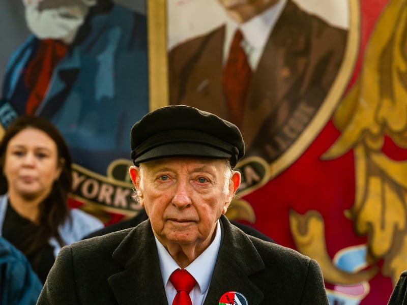 Former miners' leader Arthur Scargill, 86, who walked infront of the Hatfield  Colliery Banner along Emerson Avenue before delivering a speech at the Hatfield Pit Club.Picture By Yorkshire Post Photographer,  James Hardisty. Date: 9th March 2024.
