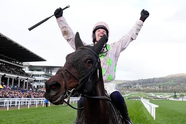 Paul Townend celebrates after riding Gaelic Warrior to win The Boodles Cheltenham Gold Cup Chase during Gold Cup Day at Cheltenham Racecourse on March 13, 2026 in Cheltenham, England. (Photo by Alan Crowhurst/Getty Images)