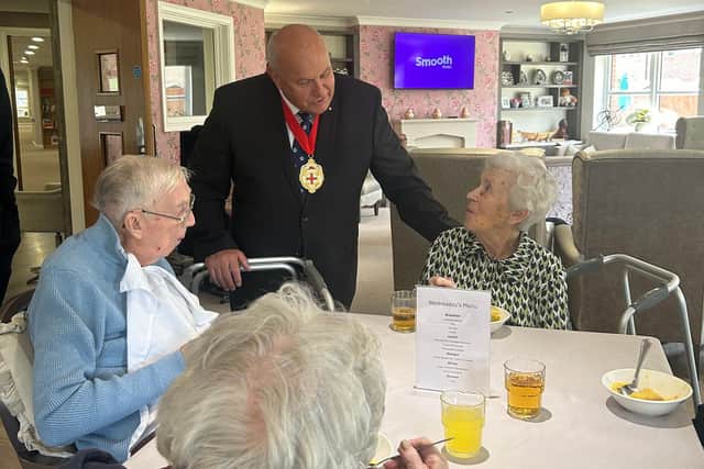Martin Rowley, the Lord Mayor of York, and Mr David Smith, The Sheriff’s Consort with residents at HC-One’s Handley House Care Home during Care Home Open Week 2025