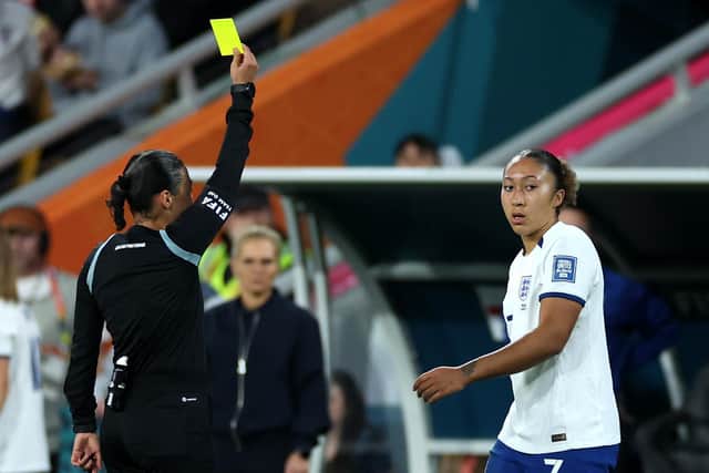 ON YOUR WAY: England's Lauren James (right) is shown a yellow card before her red card by referee Melissa Borjas in the Round of 16 match against Nigeria at Brisbane Stadium. Picture: Isabel Infantes/PA
