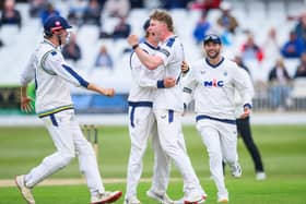 Yorkshire's Matthew Revis celebrates dismissing Warwickshire's Ed Barnard.