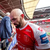 Devastated: Kane Linnett walks up to the Royal Box at Wembley to collect his losers' medal after Hull KR's loss to Leigh. (Picture: Allan McKenzie/SWpix.com)