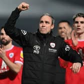 BURSLEM, ENGLAND - FEBRUARY 14: Barnsley manager Michael Duff celebrates after winning the Sky Bet League One between Port Vale and Barnsley at Vale Park on February 14, 2023 in Burslem, England. (Photo by Gareth Copley/Getty Images)
