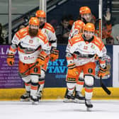 On A ROLL: Daniel Ciampini (centre) celebrates his goal during Sheffield Steelers' 6-0 win at Coventry Blaze in the first leg of the Challenge Cup semi-final. Picture Scott Wiggins/EIHL Media.