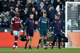 LONDON, ENGLAND - FEBRUARY 25: Lukasz Fabianski of West Ham United leaves the pitch due to injury during the Premier League match between West Ham United and Nottingham Forest at London Stadium on February 25, 2023 in London, England. (Photo by Steve Bardens/Getty Images)