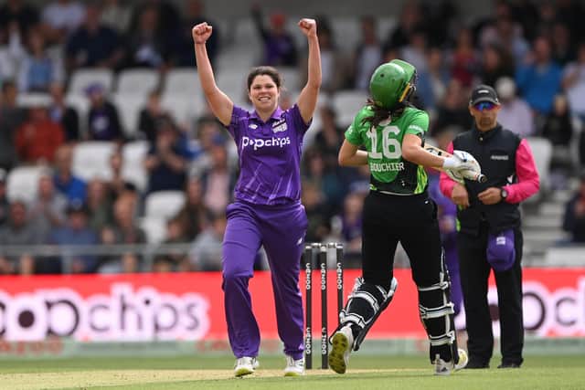 Superchargers bowler Alice Davidson-Richards celebrates after taking the wicket of Maia Bouchier during the Hundred match between Northern Superchargers and Southern Brave at Headingley on August 31, 2022 in Leeds (Picture: Stu Forster/Getty Images)