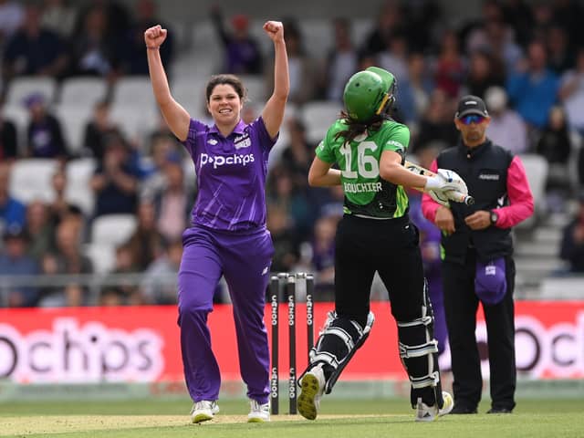 Superchargers bowler Alice Davidson-Richards celebrates after taking the wicket of Maia Bouchier during the Hundred match between Northern Superchargers and Southern Brave at Headingley on August 31, 2022 in Leeds (Picture: Stu Forster/Getty Images)