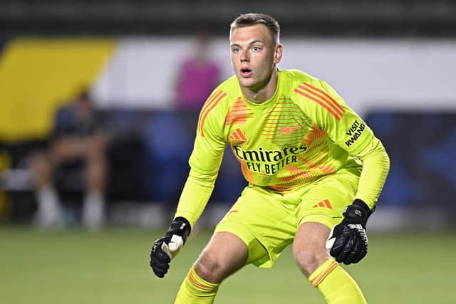 Karl Hein of Arsenal FC looks on during the first half against AFC Bournemouth at Dignity Health Sports Park on July 24, 2024 in Carson, California. (Photo by Orlando Ramirez/Getty Images)