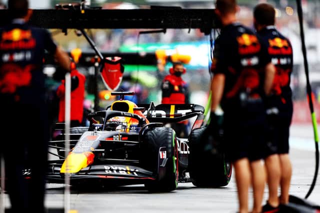 SUZUKA, JAPAN - OCTOBER 07: Max Verstappen of the Netherlands driving the (1) Oracle Red Bull Racing RB18 in the Pitlane during practice ahead of the F1 Grand Prix of Japan at Suzuka International Racing Course on October 07, 2022 in Suzuka, Japan. (Photo by Mark Thompson/Getty Images)