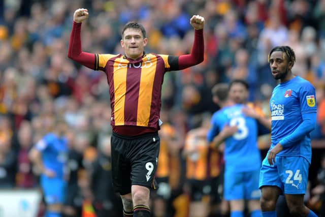JOB DONE: Bradford City striker Andy Cook celebrates sealing a play-off spot as the final whistle blows against Leyton Orient