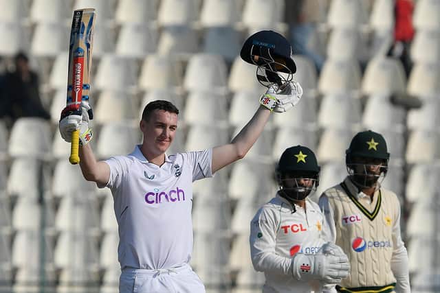 England's Harry Brook (L) celebrates his century in the second Test (Picture: AAMIR QURESHI/AFP via Getty Images)