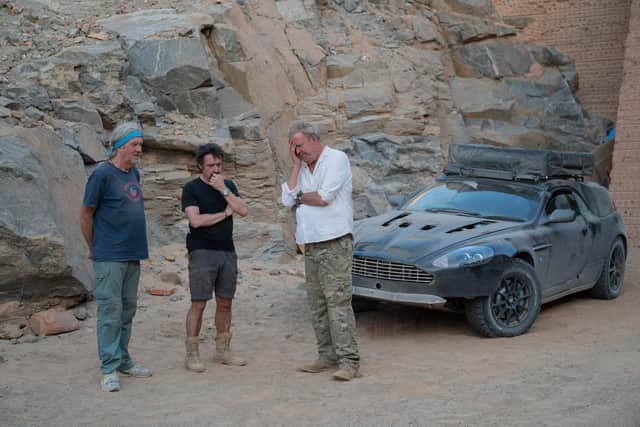 Undated Handout Photo from The Grand Tour: Sand Job. Pictured: James May, Jeremy Clarkson and Richard Hammond. See PA Feature SHOWBIZ TV Grand Tour. WARNING: This picture must only be used to accompany PA Feature SHOWBIZ TV Grand Tour. PA Photo. Picture credit should read: ©Netflix 2024. NOTE TO EDITORS: This picture must only be used to accompany PA Feature SHOWBIZ TV Grand Tour.