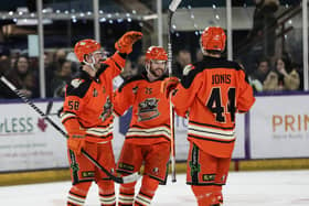 TIGHT CALL: Robert Dowd celebrates scoring Sheffield Steelers' second period equaliser on their way to a 5-4 win over Manchester Storm in Altrincham on Sunday night. Picture courtesy of Mark Ferris/EIHL Media.